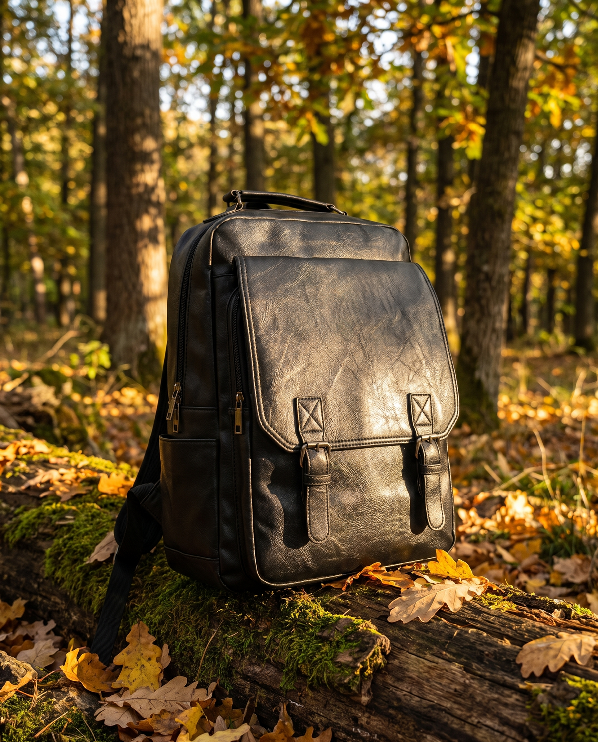 The Elder Commuter Backpack in black, forest setting