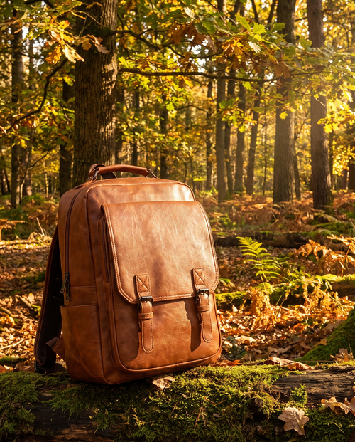 The Elder Commuter Backpack in brown, forest setting