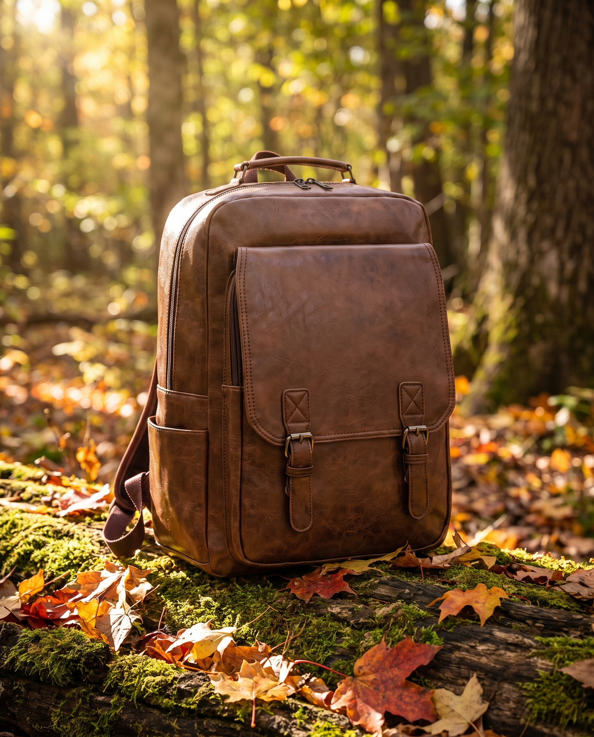 The Elder Commuter Backpack in chestnut, forest setting