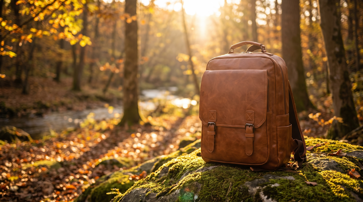 The Elder Commuter Backpack in brown resting on a boulder in a forest at golden hour